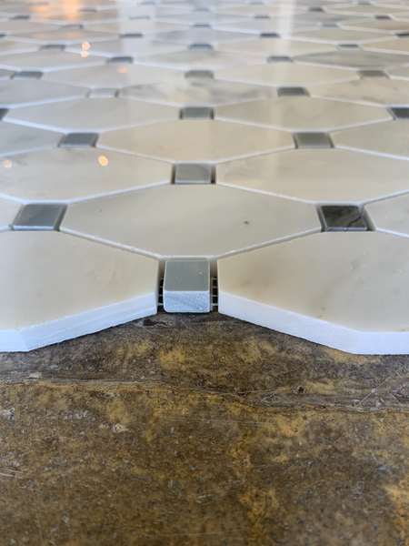 Elongated Octagon Waterjet Mosaic With Arabescato & Blue stone Dot All Marble Tiles