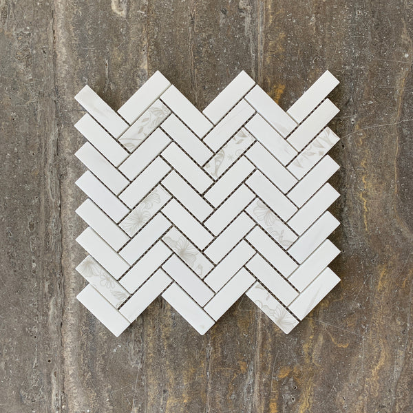 Dolomite Marble Soft Touch Mosaic Herringbone With White Flower All Marble Tiles