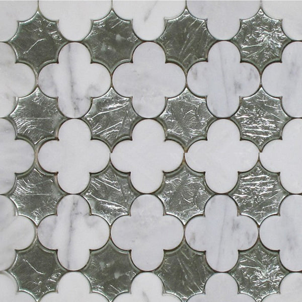Flower Waterjet Mosaic Arabescato and Silver Glass All Marble Tiles