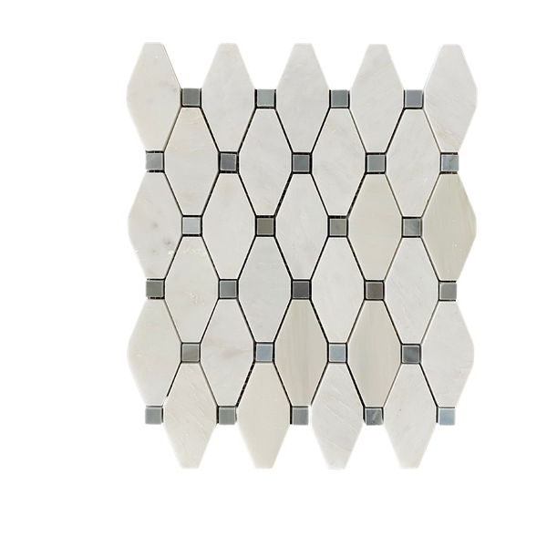 Elongated Octagon Waterjet Mosaic With Arabescato & Blue stone Dot All Marble Tiles