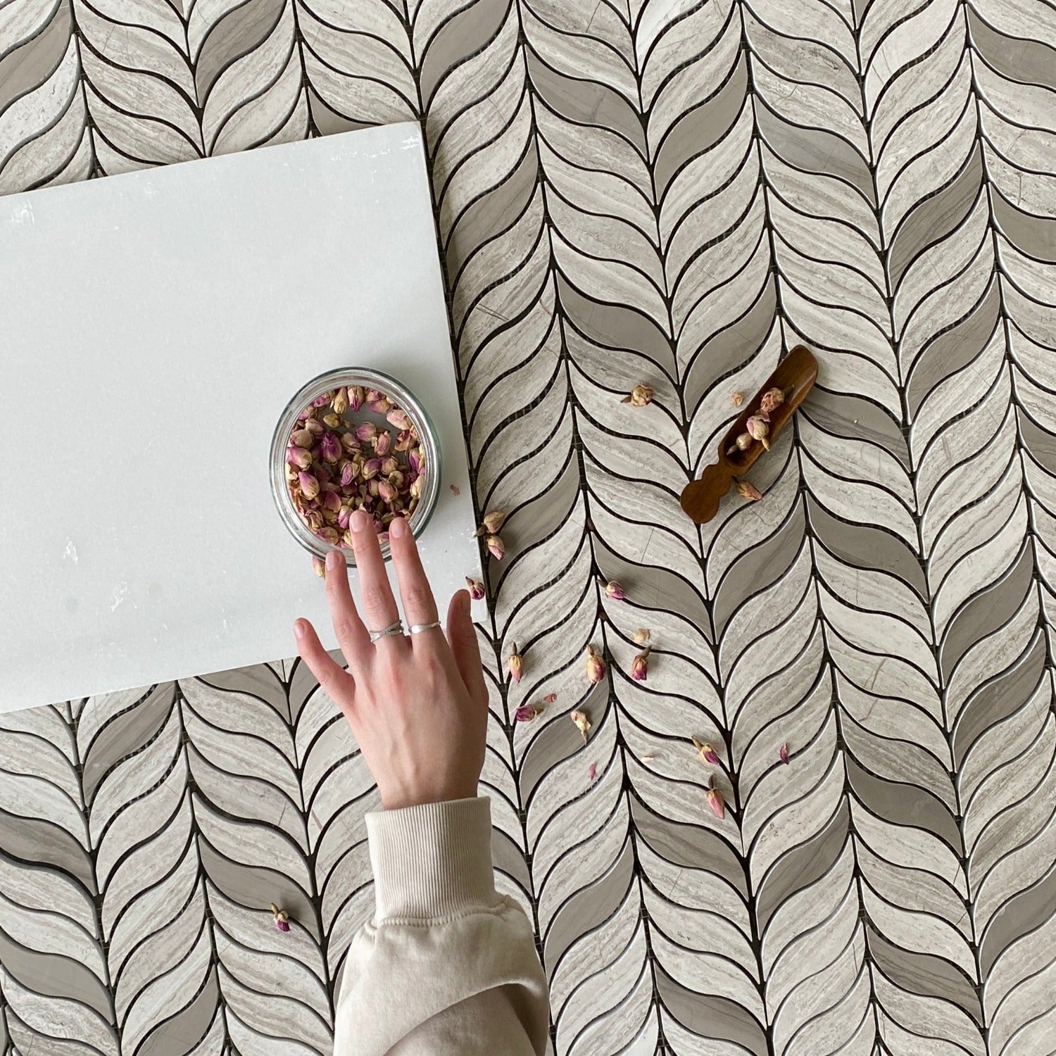 Feather Waterjet Mosaic with Oyster Gray and Athens Gray – All Marble Tiles