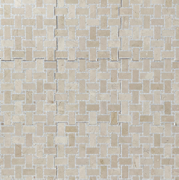 Crema Marfil Basketweave Mosaic Tile with Pure White Marble| Kitchen Backsplash Mosaic| Bathroom Floor Tile| Wall Mosaic| Accent Tile| Shower Tile All Marble Tiles