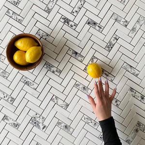 Dolomite Marble Soft Touch Mosaic: Herringbone Black Flower| Elegant Wall & Floor Décor Tile| Kitchen Backsplash| Bathroom Accent| Timeless Design| Marble Herringbone Tile All Marble Tiles