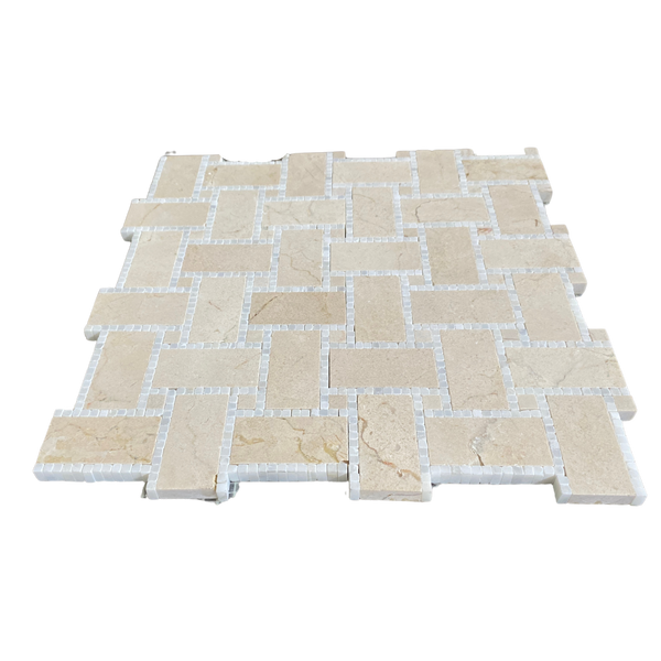 Crema Marfil Basketweave Mosaic Tile with Pure White Marble| Kitchen Backsplash Mosaic| Bathroom Floor Tile| Wall Mosaic| Accent Tile| Shower Tile All Marble Tiles