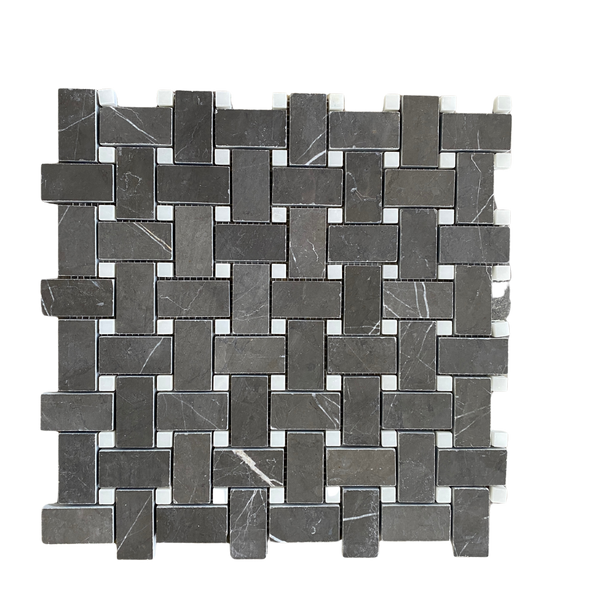 Graphite Marble Mosaic Basketweave Tile With White Dots| Elegant Wall Décor| Kitchen Backsplash| Bathroom Accent| Sophisticated Design| Easy-to-Install All Marble Tiles