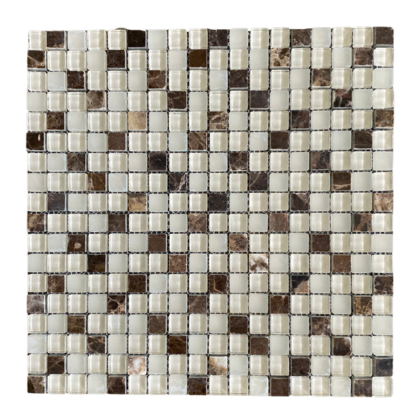 White Glass and Brown Marble Mixed 5/8"x5/8" Mosaic Tile Polished for Bathroom and Kitchen| Wall Tile| Backsplash Mosaic Tile| Shower Wall| Accent Tile All Marble Tiles
