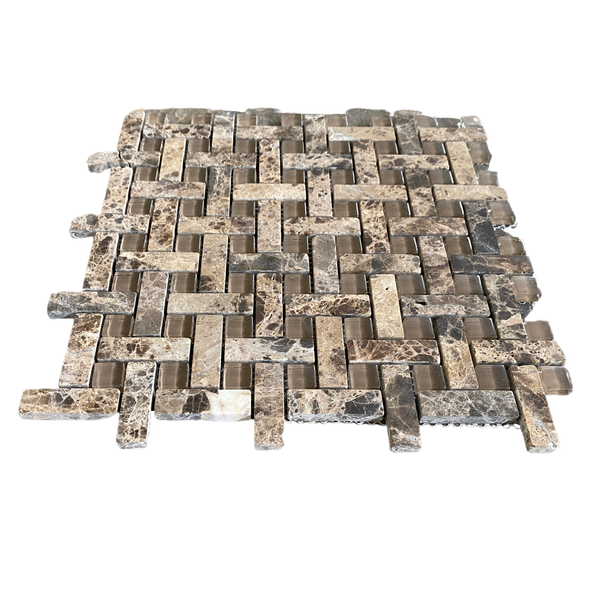 Dark Emperador & Glass Basketweave Mosaic Tile | Kitchen Backsplash | Accent Tile | Wall Mosaic | Floor Tile | Shower Tile | Brown Glass Tile All Marble Tiles