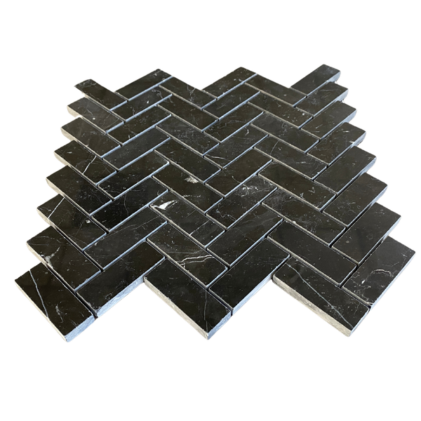 Nero Marquina Marble Mosaic Polished Heringbone 1"x2.5" All Marble Tiles