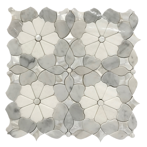 Daisy Dahlia Waterjet Mosaic Thassos Carrara and Mother of Pearl - All Marble Tiles
