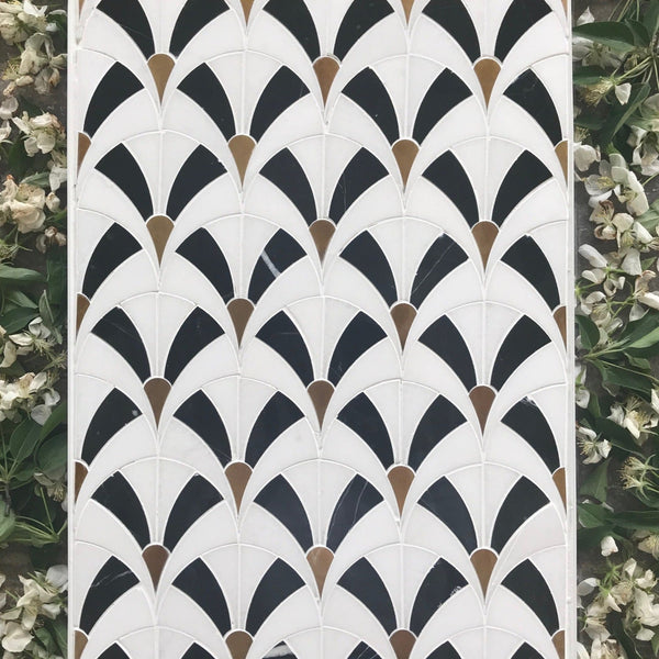Fan Waterjet Mosaic Thassos Black Jade and Brass All Marble Tiles