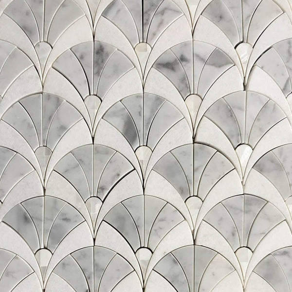 Fan Waterjet Mosaic Thassos and Mother of Pearl All Marble Tiles