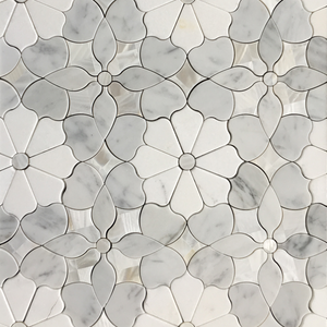 Daisy Dahlia Waterjet Mosaic Thassos Carrara and Mother of Pearl All Marble Tiles