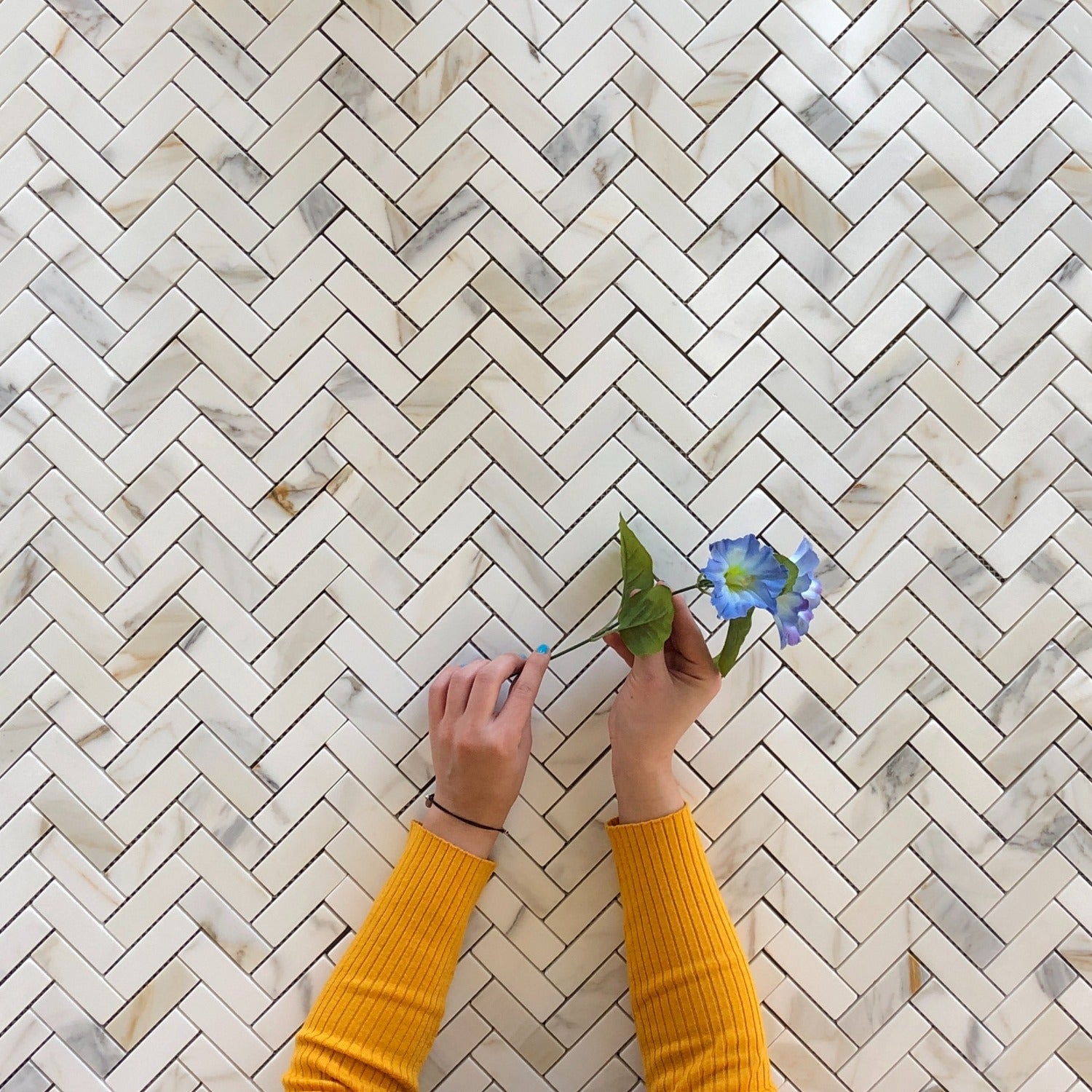 ☆【KIRSH】☆COLLECTION HERRINGBONE OVER FIT HALF COA.T☆ Calacatta Marble Mosaics Polished Herringbone 1