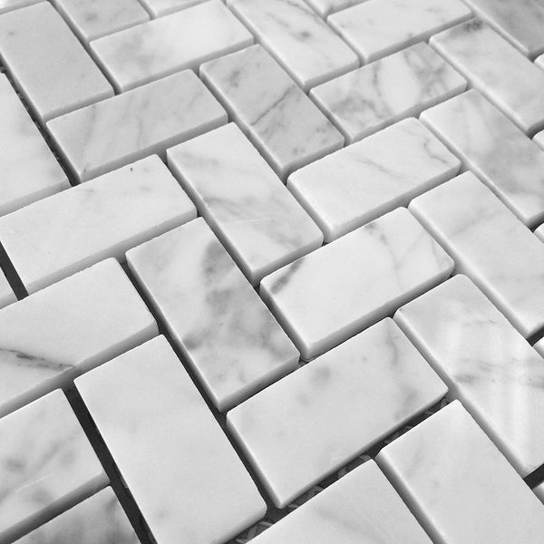 Bianco Carrara 3/4x2 Marble Herringbone Mosaic Tile Honed All Marble Tiles