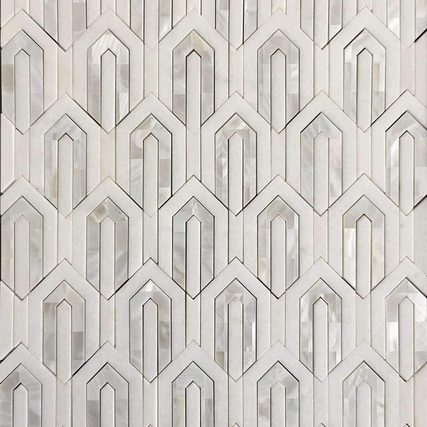 Mini Arrow Waterjet Mosaic Thassos and Mother of Pearl All Marble Tiles
