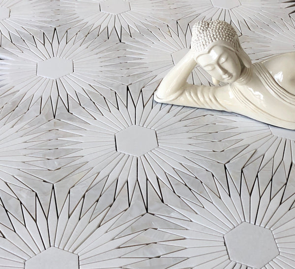 Night Star Waterjet Mosaic Thassos & Mother of Pearl All Marble Tiles